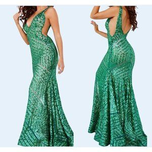 JOVANI Emerald Green Sequin V Neck Side Cut Out Prom Dress Sz 00 NEW